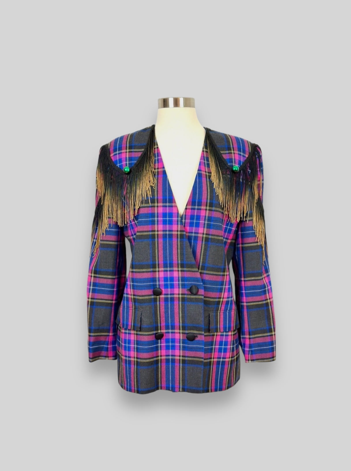 Vintage plaid blazer adorned by Jen Wonders
