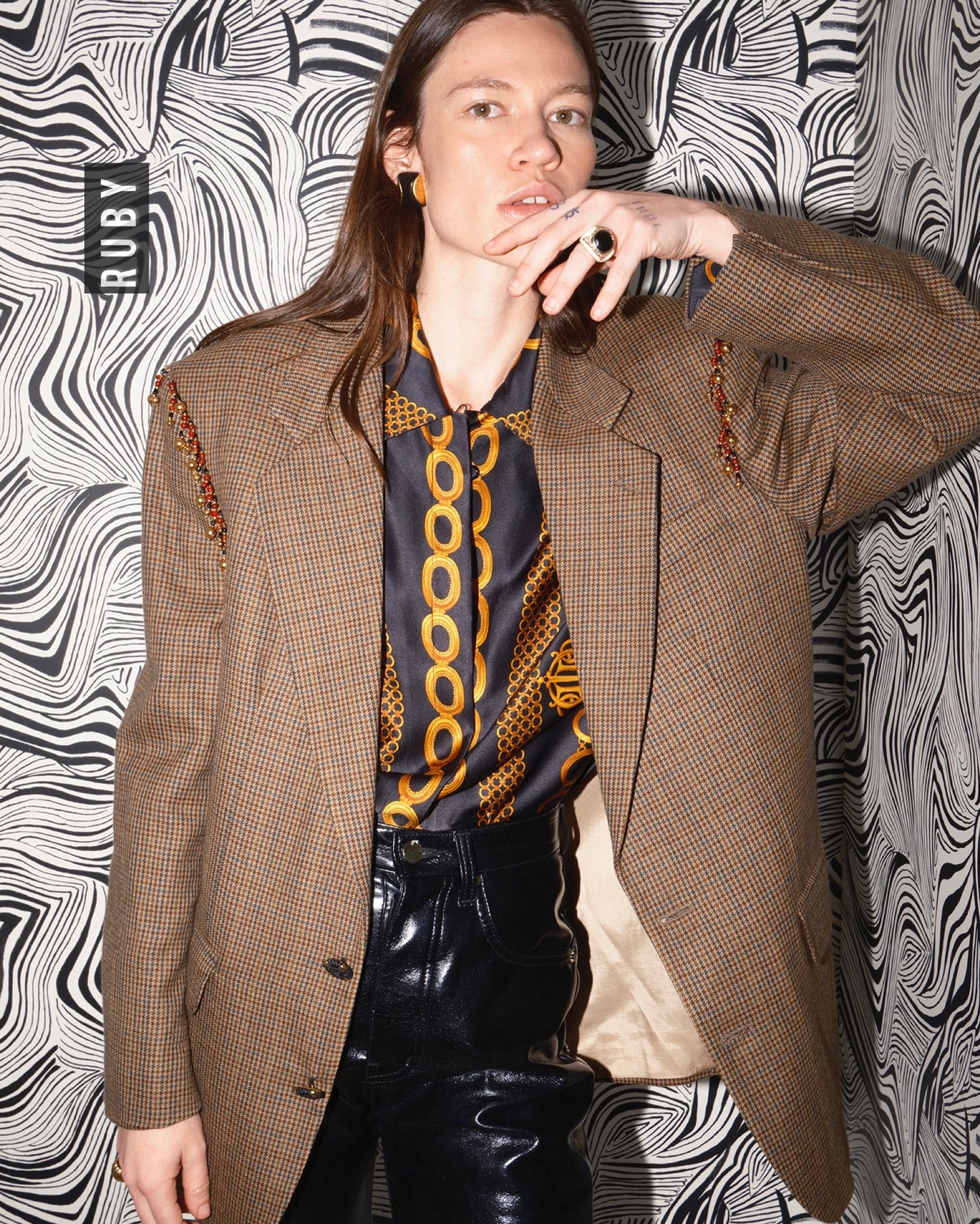 Vintage Oscar de la Renta Houndstooth Blazer adorned by Jen Wonders