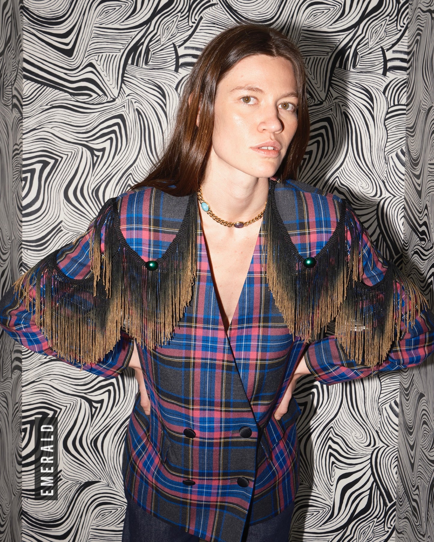Vintage plaid blazer adorned by Jen Wonders