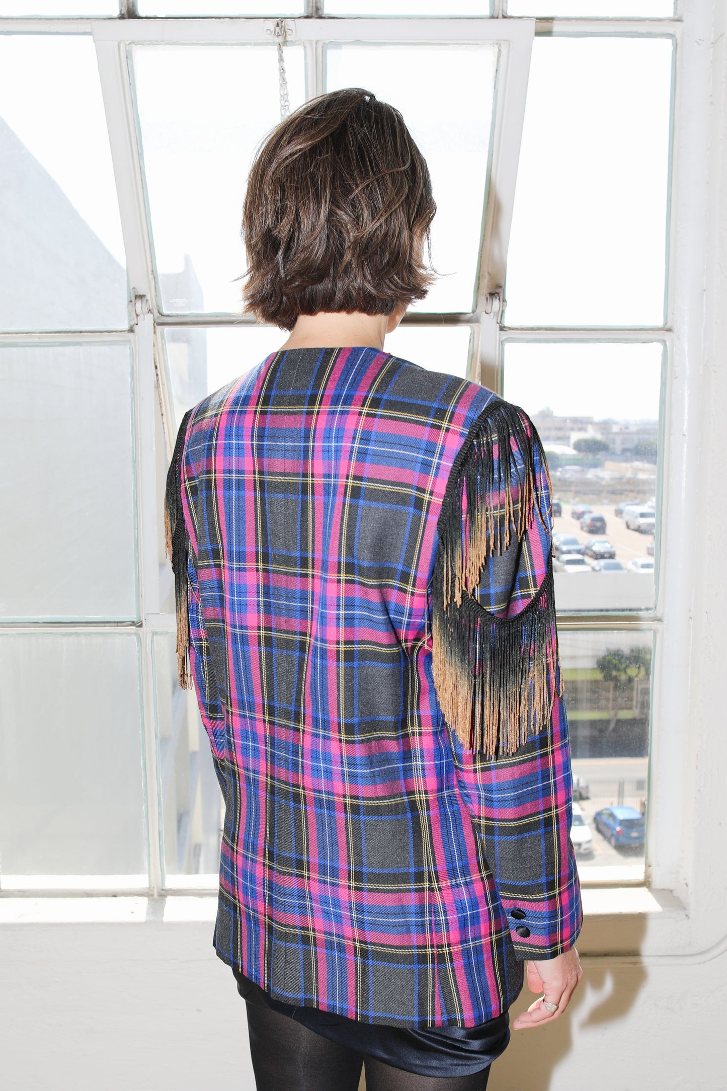 Vintage plaid blazer adorned by Jen Wonders