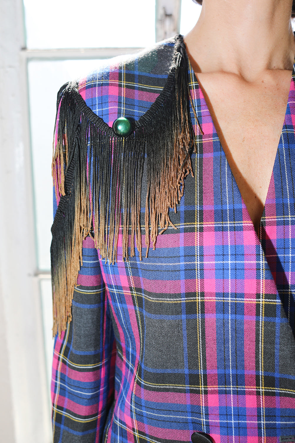 Vintage plaid blazer adorned by Jen Wonders