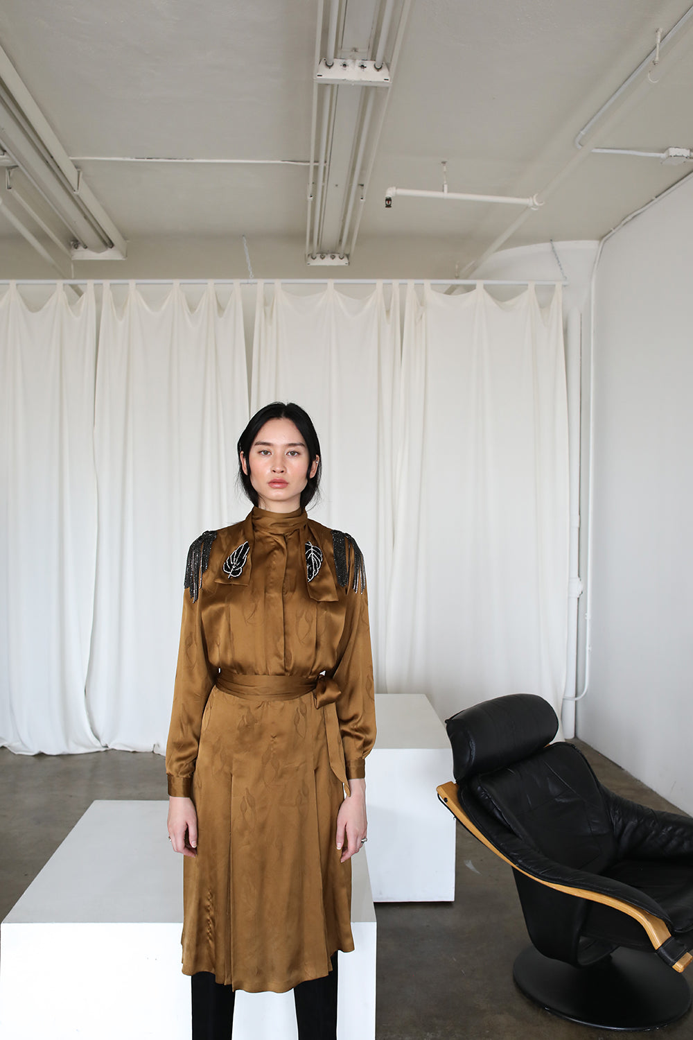 Vintage Pleated Silk Gucci dress adorned by Jen Wonders