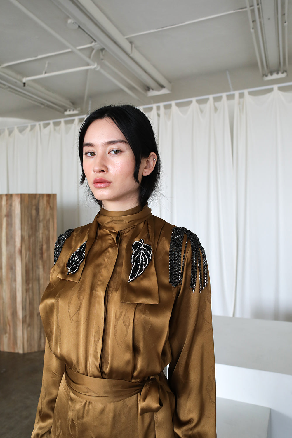 Vintage Pleated Silk Gucci dress adorned by Jen Wonders