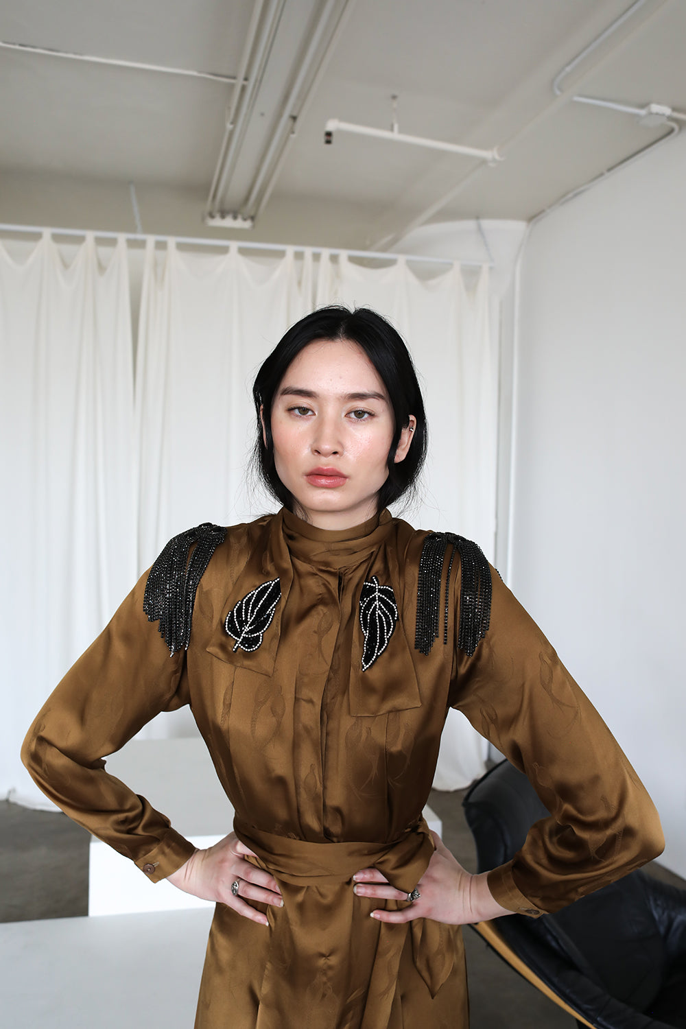 Vintage Pleated Silk Gucci dress adorned by Jen Wonders