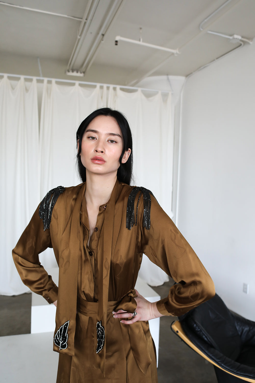 Vintage Pleated Silk Gucci dress adorned by Jen Wonders