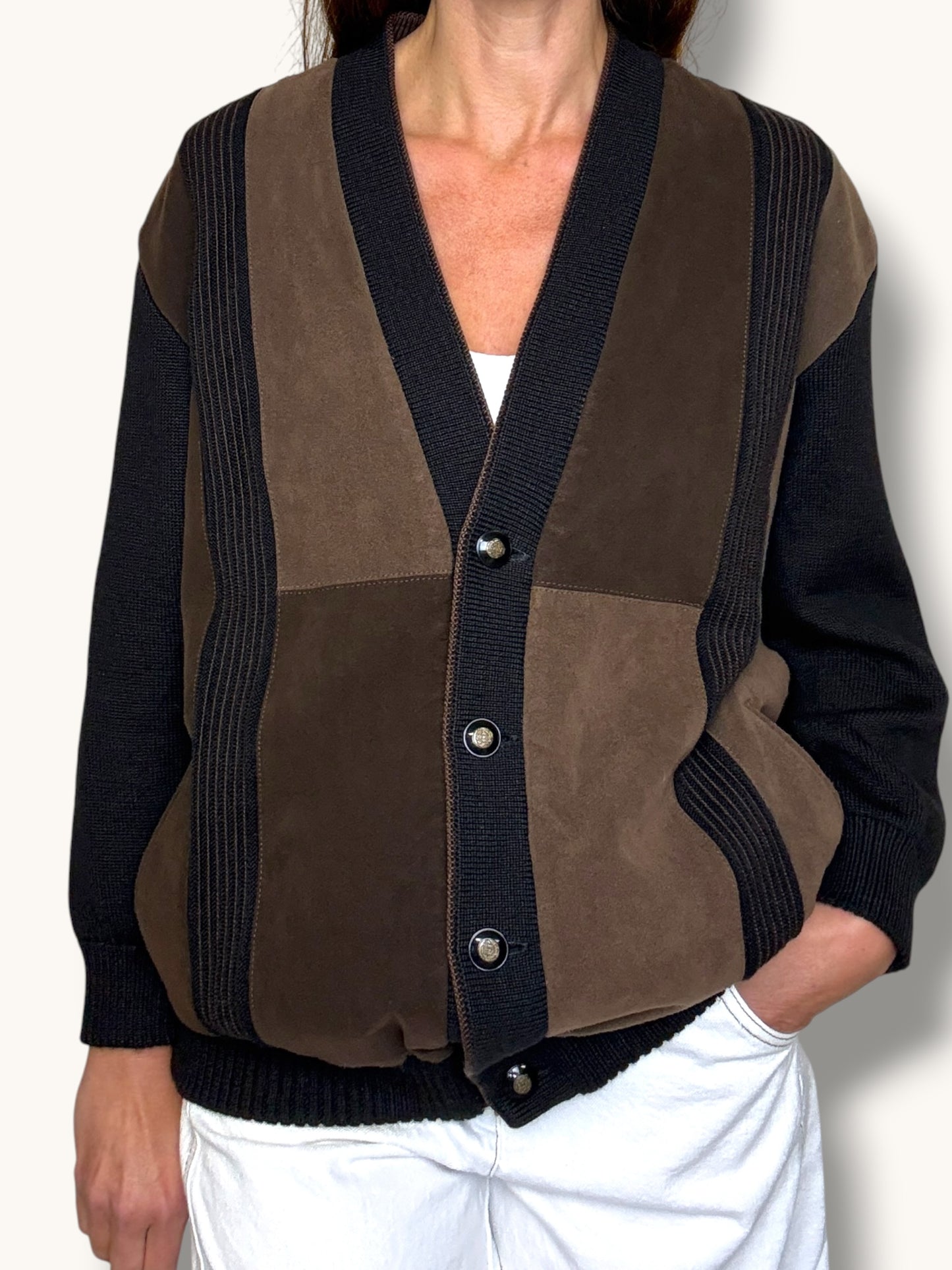 Knit and Suede Cardigan