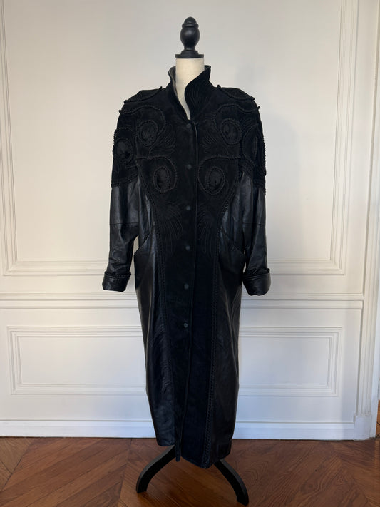 Leather Embroidered Long Coat