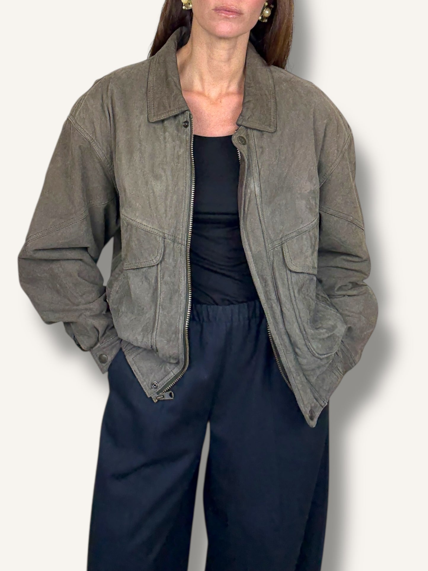 Grey Suede Bomber Jacket